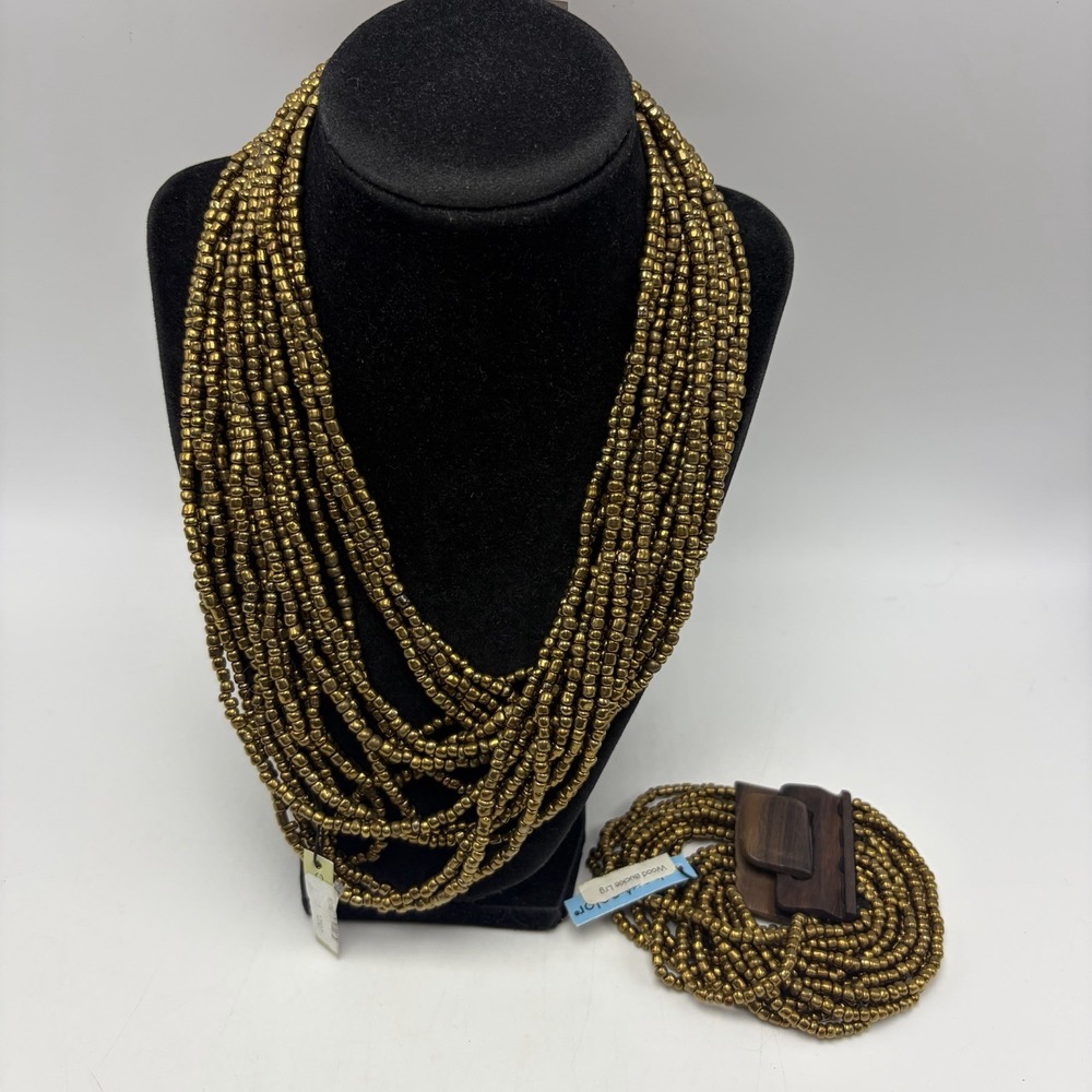 Statement Bronze Seed Bead Boho Necklace Bracelet Set Wood Clasp Multi New Gift
